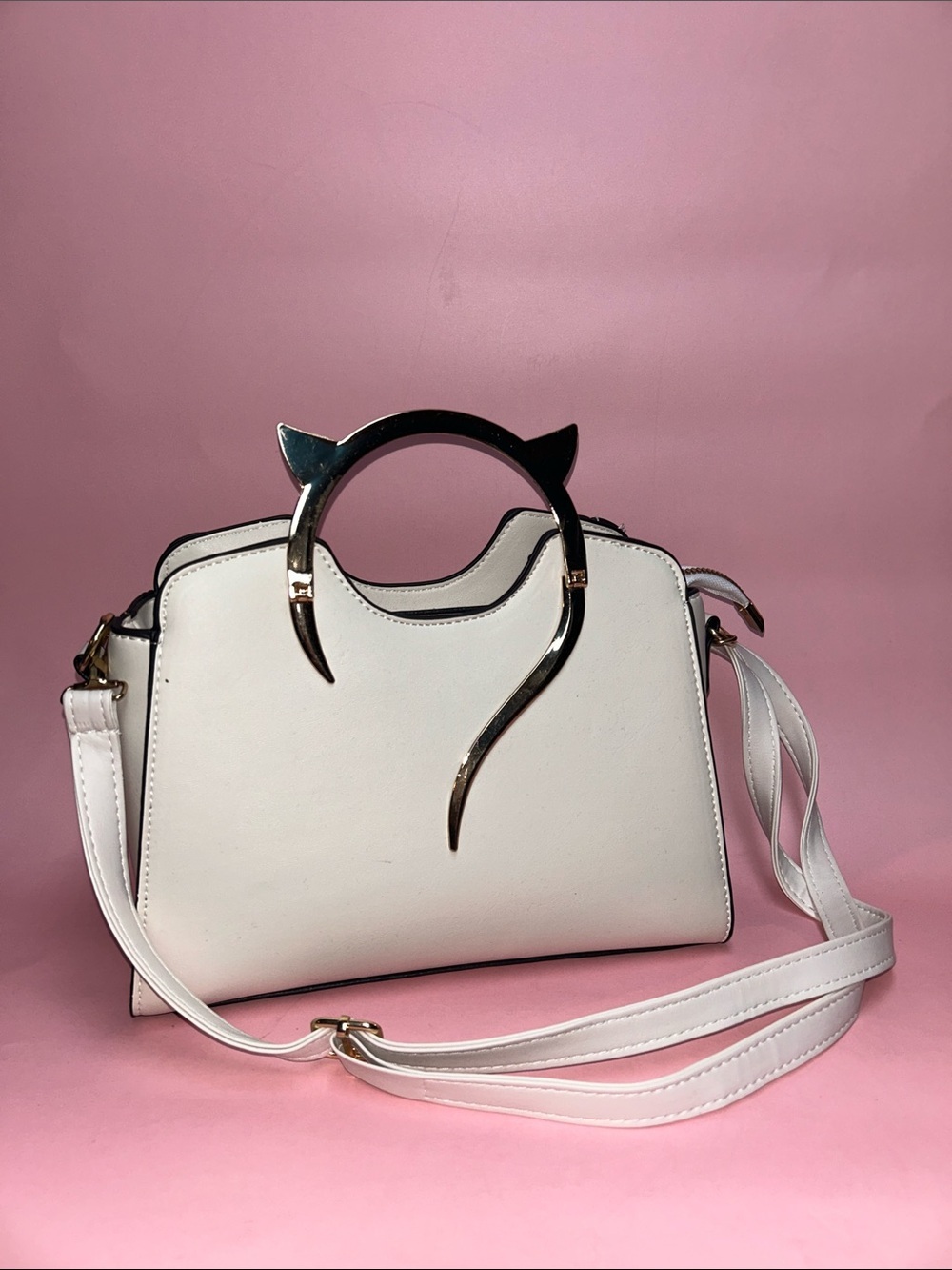 White Crossbody Satchel with Sculptural Metal Handle